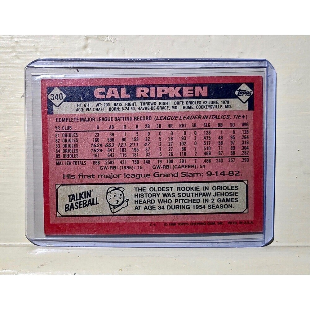 1986 Cal Ripken Topps Baseball Card #340 - Picture 2 of 2